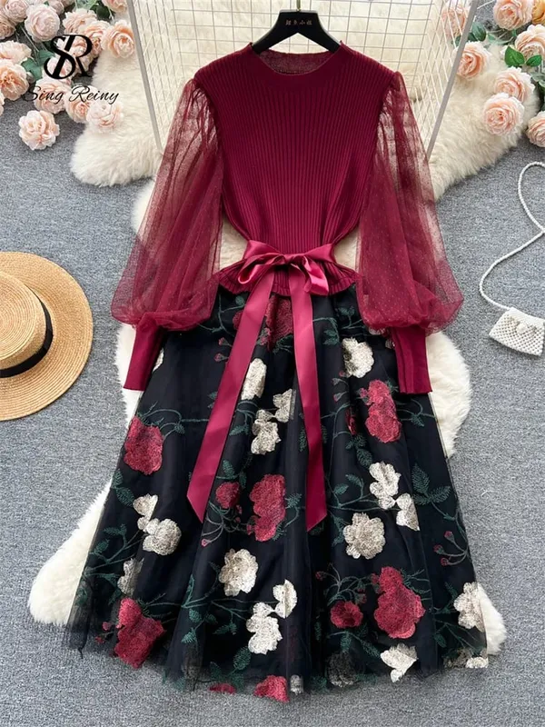 Sênior malha retalhos vestido longo lanterna mangas arco malha bordado floral feminino outono frança elegante vestido de festa
