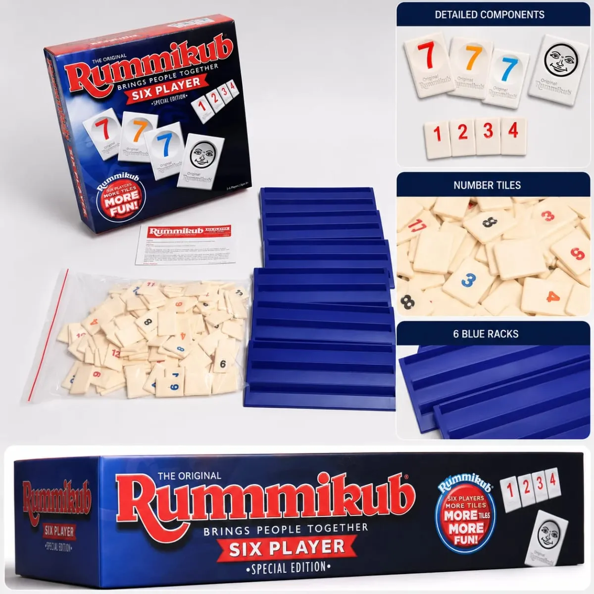 Rummikub jogo de tabuleiro de estratégia de seis jogadores com racks azuis número lógica festa familiar versão em inglês