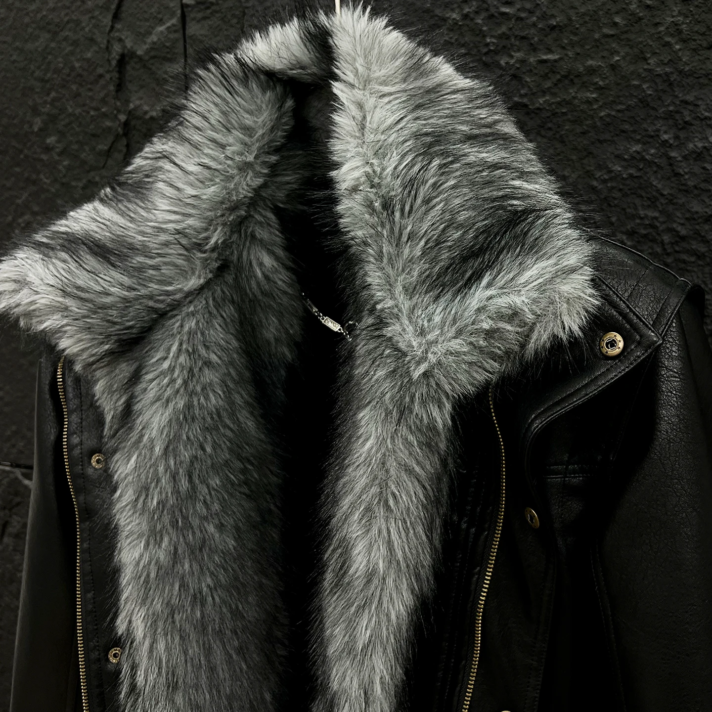 Techwear Style Detachable Faux Fur Collar Leather Jackets Man Winter Warmer Motorcycle Vintage Punk Leather Coat