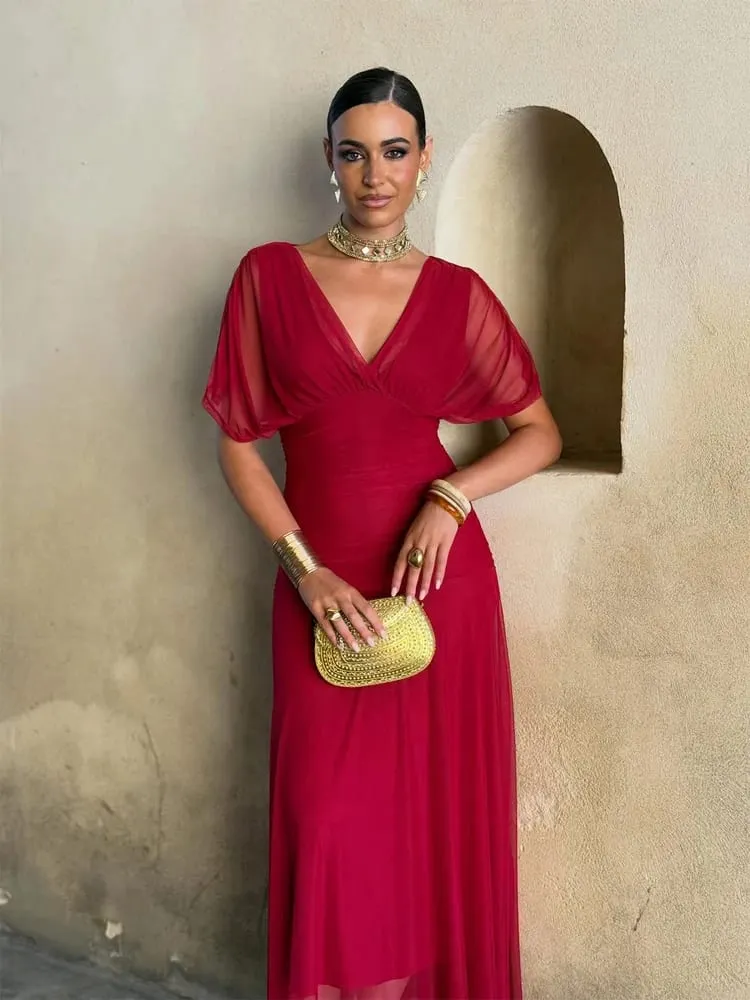 Feminino sólido profundo decote em v malha vestido longo elegante puff manga curta ruched cintura alta vestidos 2026 verão senhora casual rua robe