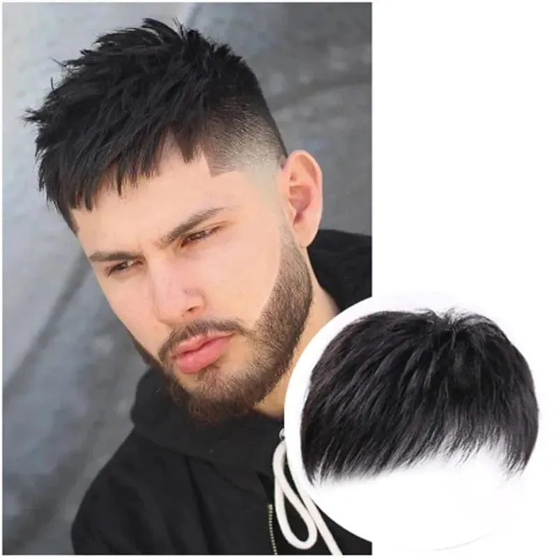 Male Clip-On Short Hair Wig Head Top Replacement Blocks Effectively Covering with Surrounding Hair Replacement Synthetic Hair
