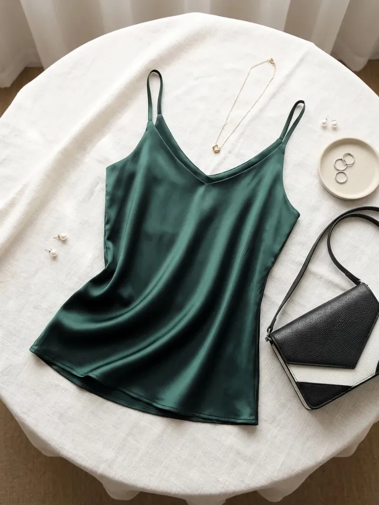 2026 verão cinta de espaguete feminino regata halter decote em v básico branco cami sem mangas cetim seda topos feminino