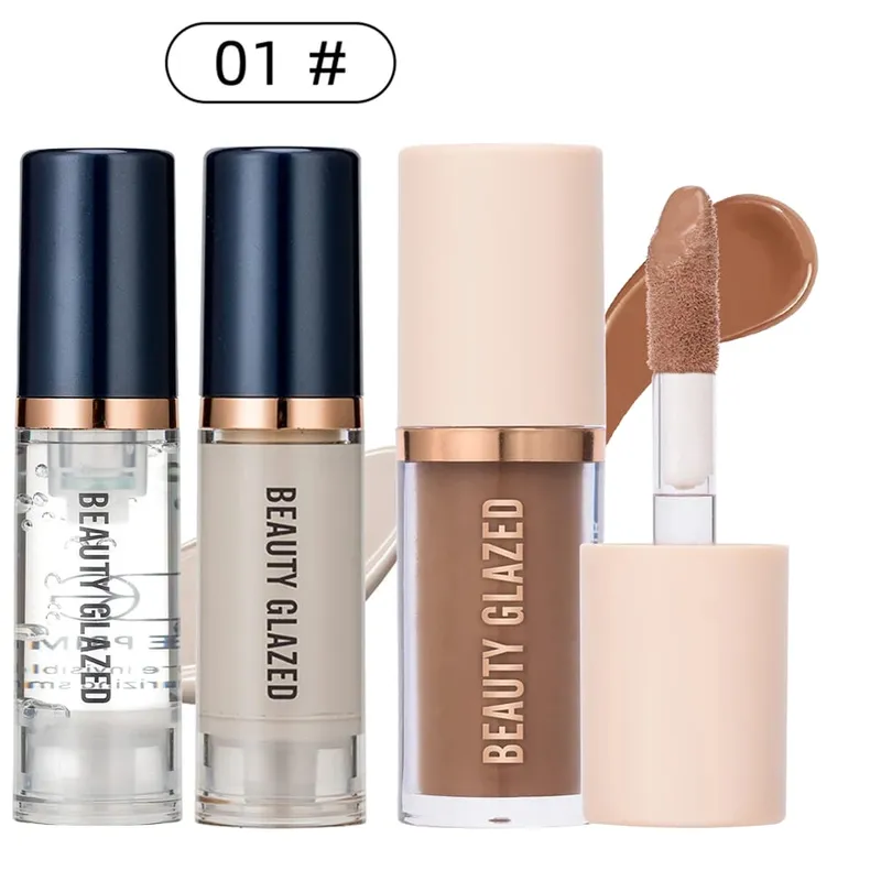 3pcs Face Makeup Set Liquid Foundation+Primer+ Liquid Contour Natural Weightless Long-wearing Smudgeproof Bronzer