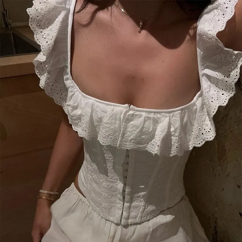 White Lace Ruffle Corset Short Vest For Women Elegant Backless Off Shoulder Cropped Shirts Female Summer Party Club Tops