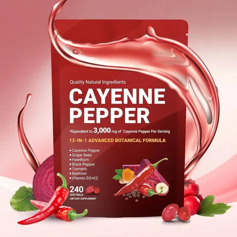 Cápsulas de pimenta caiena com semente de uva, beterraba, cúrcuma, vitaminas D3 K2 E, suplemento de ervas