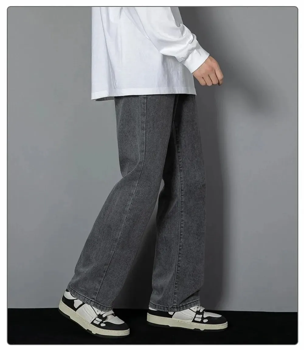 Korean Solid Colors Men's Casual Long Jeans Classic Man Four Seasons Straight Denim Wide-leg Pants Light Blue Grey Black 3XL