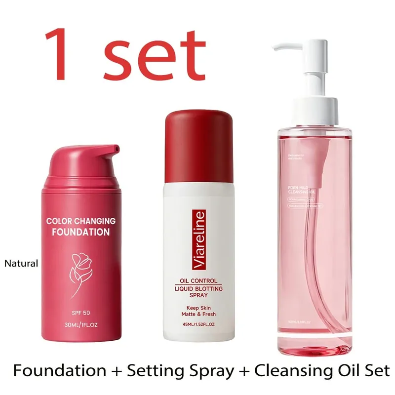 Kit de maquiagem 3 em 1, óleo de limpeza, base em spray, fosco, longa duração, hidratante suave, acabamento natural, conjunto diário