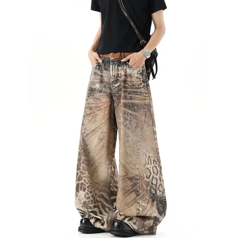 Lavado marrom angustiado leopardo impresso solto jeans masculino streetwear casual perna larga denim calças compridas verão novo