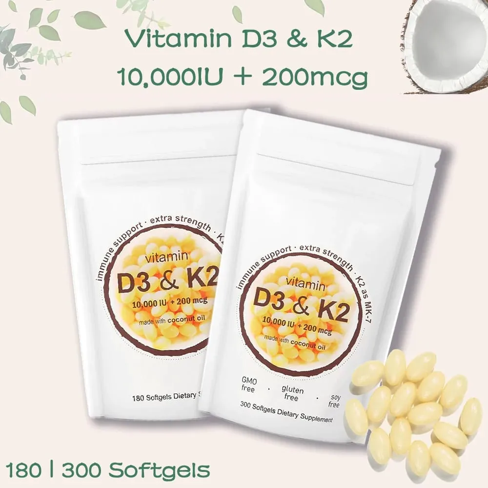 Vitamin D3 10 000iu + K2 MK7 200mcg Softgels | 2-in-1 Complex with Coconut Oil | Supports Heart Bone Teeth & Immune Health — image 1