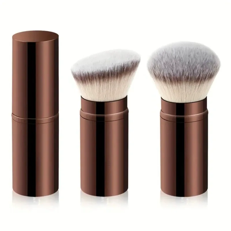 Pincel de maquiagem portátil para base, 2 peças, com tampa, retrátil, cabeça redonda, oblíquo, corretivo facial, blush, ferramentas de maquiagem