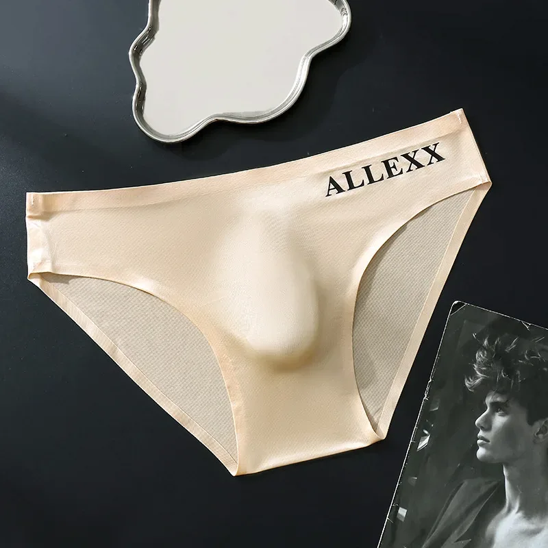 Cuecas de seda gelo sem costura masculina sissy convexo bolsa calcinha ultra-fino ver através lingerie underpant elástico baixo crescimento roupa interior