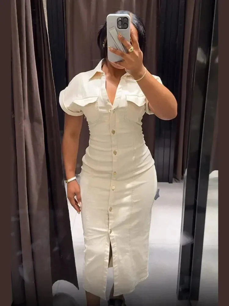 White Single Breasted Denim Dress Elegant Short Sleeve Lapel Bodycon Women's Dresses 2026 Summer Lady Chic Commute Street Robes