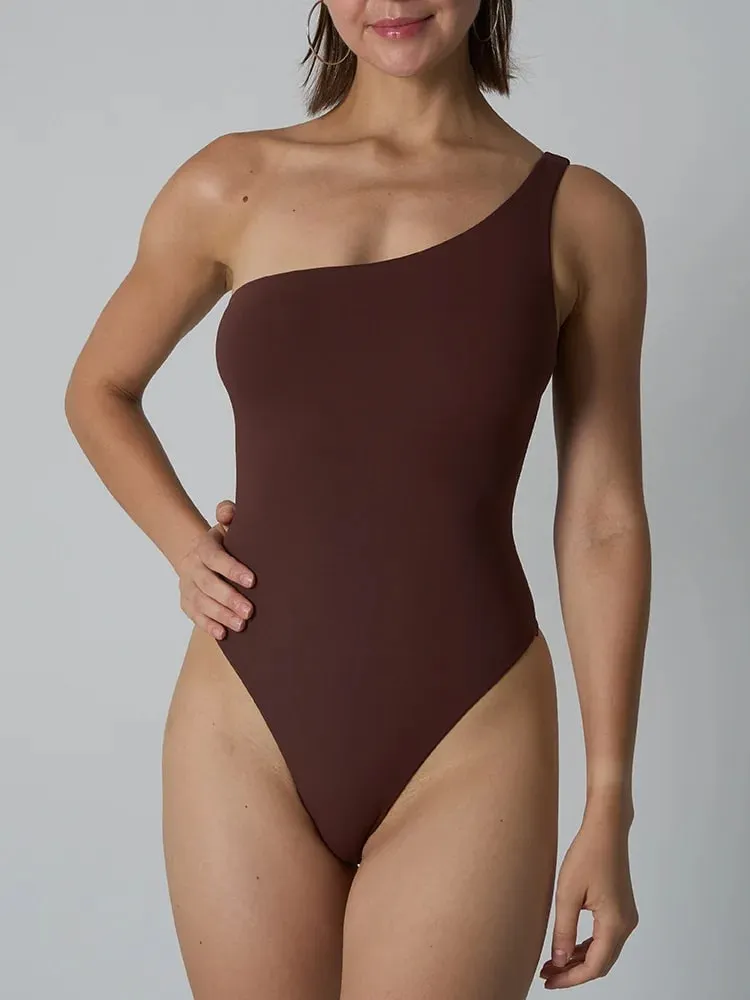 Macacão de ombro diagonal feminino sólido alta elasticidade fina shapewear bodysuit moda feminina streetwear magro esportes roupa interior