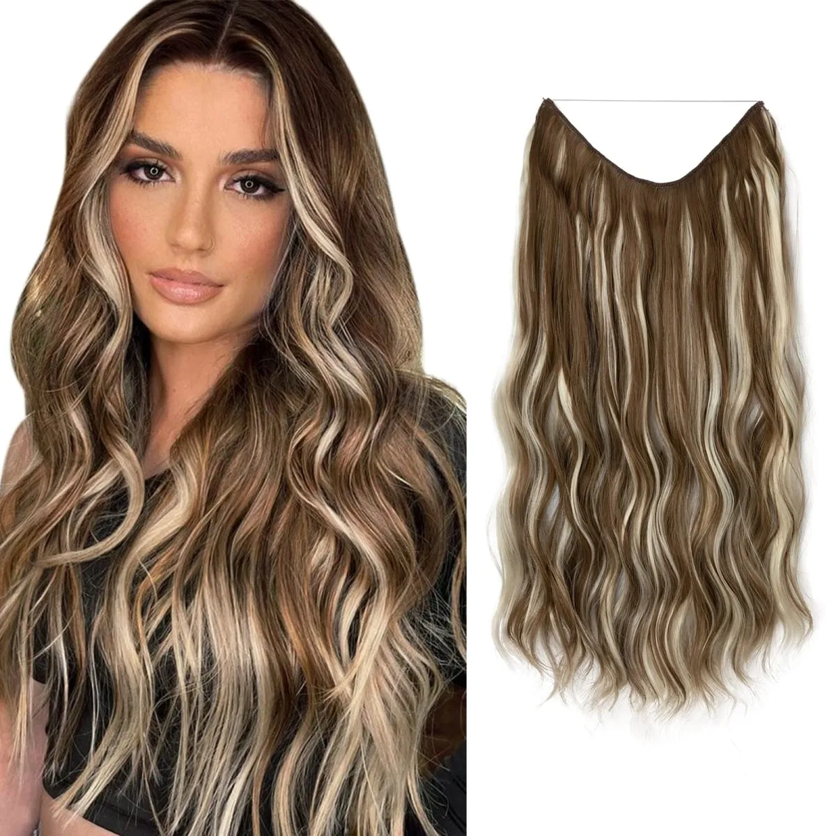 Fio invisível ondulado sintético com clipes, extensão de cabelo, linha de peixe, loiro natural, clipe em peça de cabelo falso