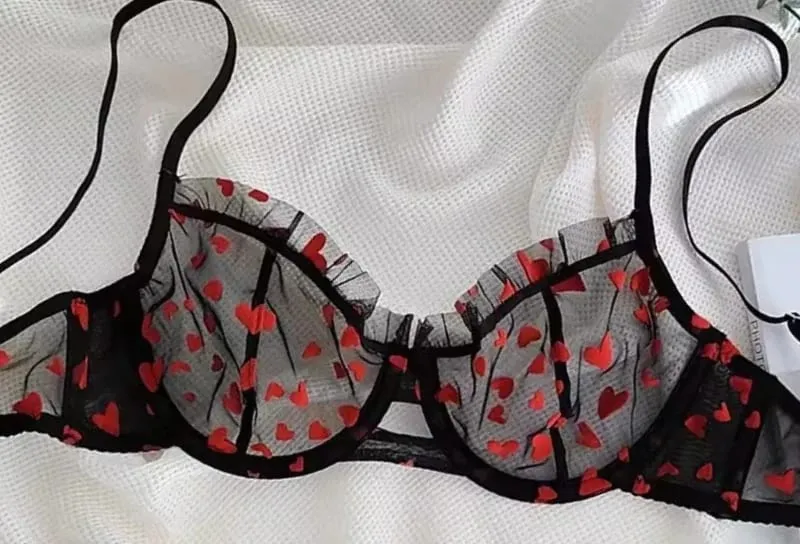 Conjunto de lingerie transparente com estampa de coração francês, sutiã ultra fino com armação, renda sexy, push up, reunião, pequeno impulso de peito, venda quente — image 12