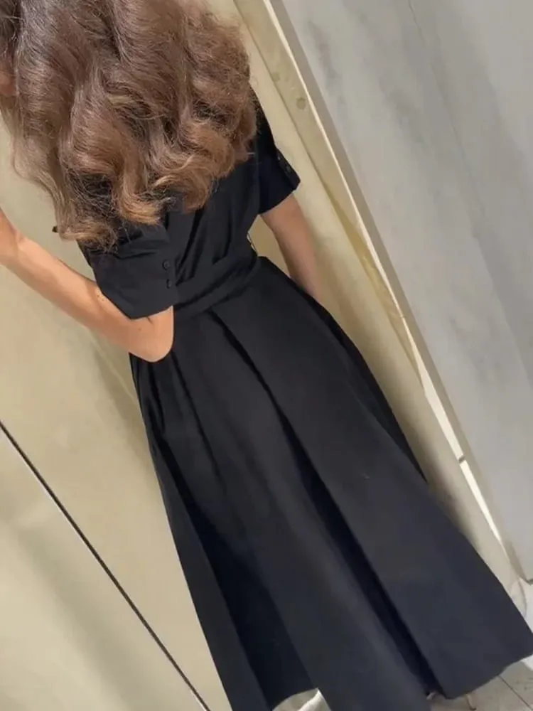 Chic sólido manga curta lapela vestido longo para mulheres elegante único breasted cintura maxi vestido senhora férias noite vestidos de festa