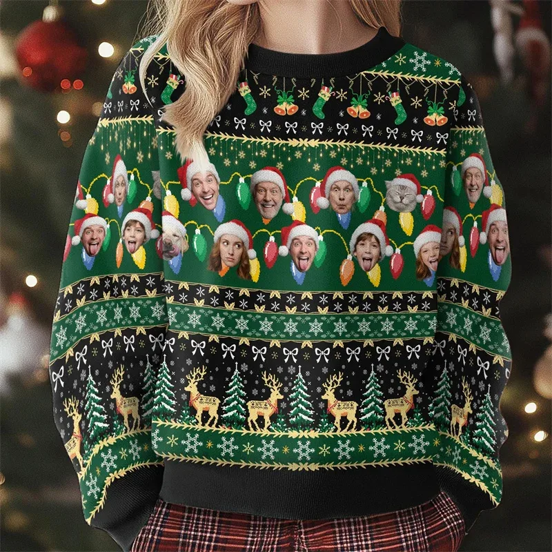 Moletom de natal personalizado com vários rostos, upload de fotos de animais de estimação, feio, rena de natal, férias, tops de manga longa