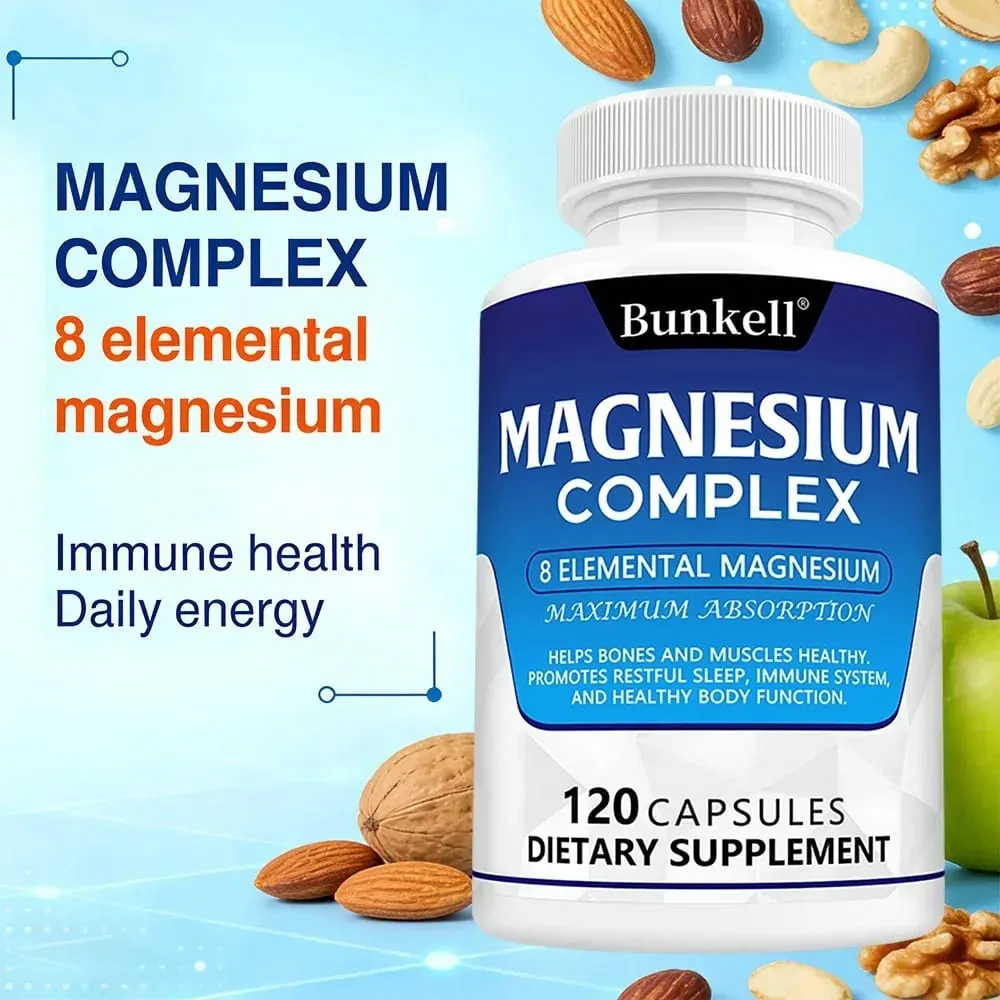 Suplemento Complexo de Magnésio 8 Elemental 1000mg - para Ossos Recuperação Muscular Energia Vegan Não-OGM 120 Cápsulas