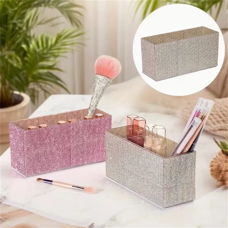Organizador de pincéis de maquiagem com strass brilhante, com 3 compartimentos, pincéis de maquiagem de grande capacidade, batom, caixa de armazenamento de ferramentas cosméticas