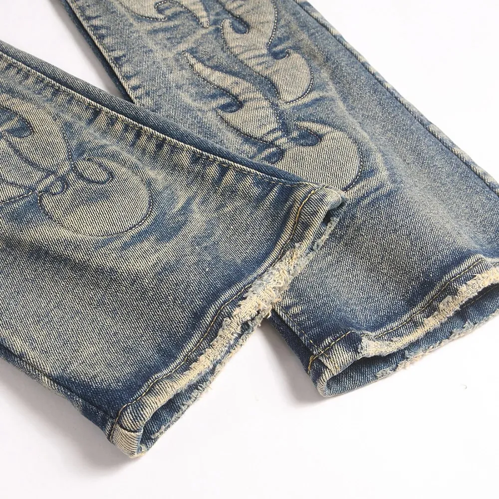 Calça jeans masculina vintage bootcut, calça jeans estilo totem em relevo retrô azul stretch elastano slim