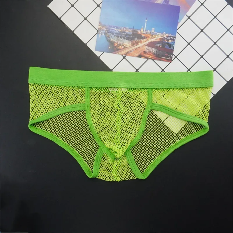 Plus size malha roupa interior masculina transparente grande fishnet u bolsa briefs masculino cintura baixa cor sólida sexy perspectiva calcinha masculina