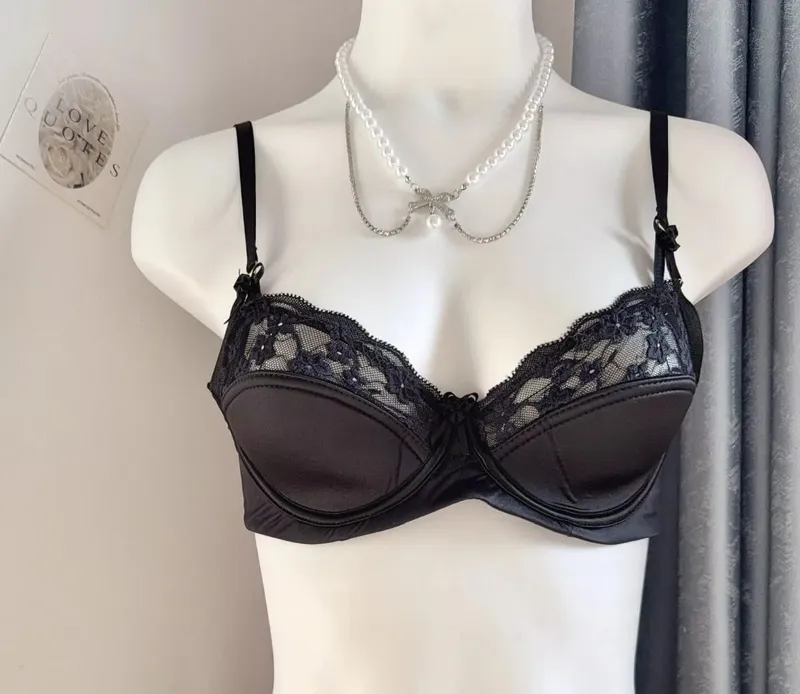 Conjunto de sutiã minimizador de renda vermelha, popular, meia xícara, ultra fino, busto grande, suporte macio, festa de noiva, lua de mel, noite, 32-38