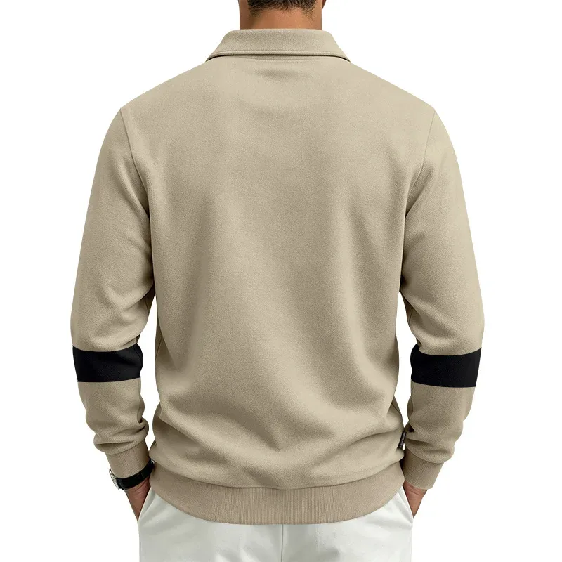 Men Lapel Polo Sweatshirt, Color Block Long Sleeve Pullover, Loose Solid Casual Top for Spring Autumn Daily Outfit