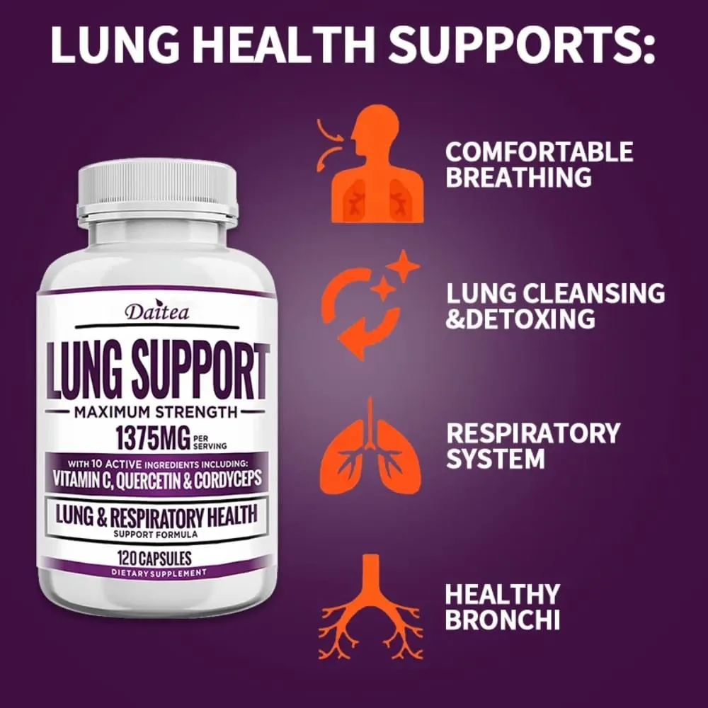 Suplemento de suporte pulmonar para limpeza e desintoxicação pulmonar com quercetina, bromelaína, vitamina C e cordyceps para suporte respiratório pulmonar