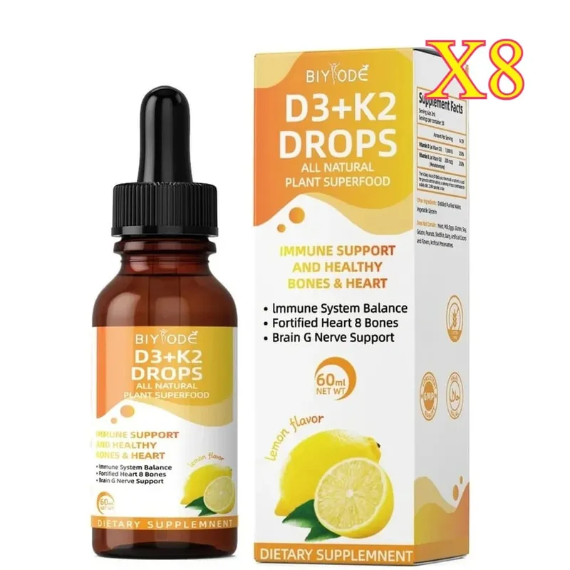 Vitamina D3 K2 Gotas Líquidas Absorção de Cálcio e Suporte Ósseo 1000 UI D3 com Sabor Limão K2 60 ml 30 Porções