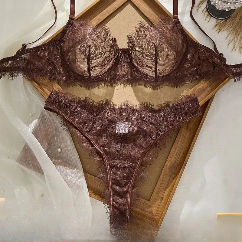 Conjunto de sutiã e calcinha de renda fina estilo básico feminino sem costura camada única roupa íntima confortável