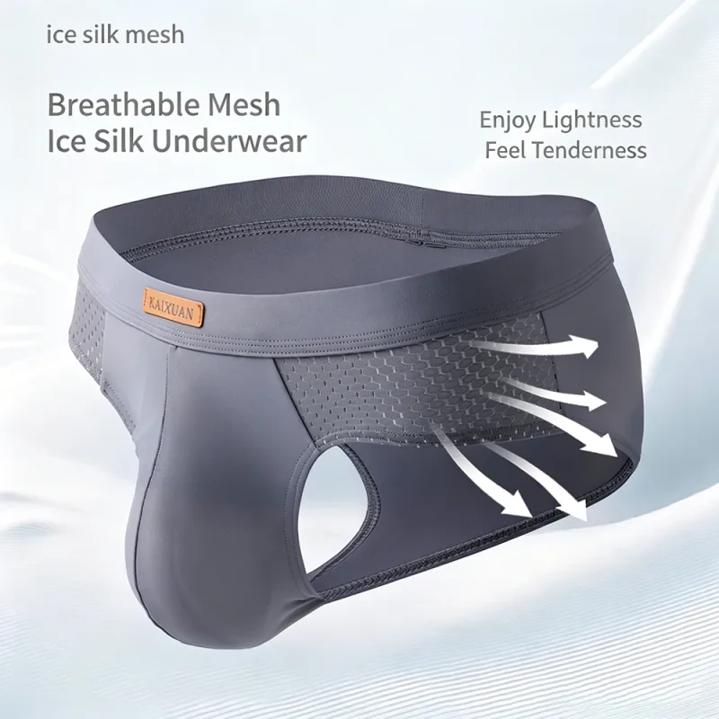 Cuecas masculinas de malha de seda gelo de verão, secagem rápida, bolsa em u, virilha separada, roupa íntima respirável, design triangular para conforto