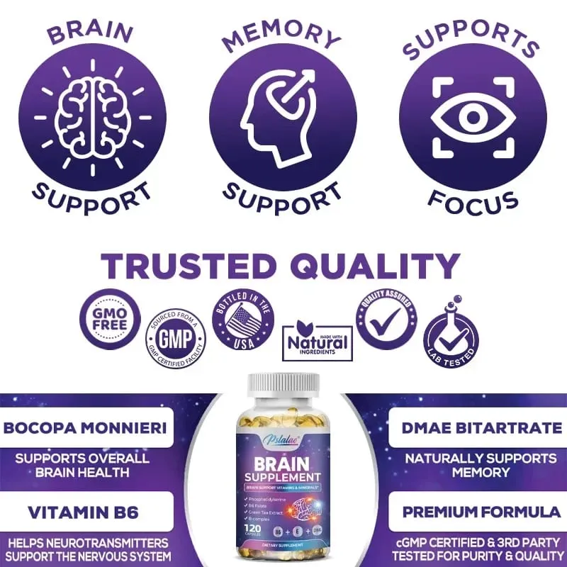 Suplemento cerebral - contém vitaminas B para apoiar a saúde do cérebro, melhorar a função cognitiva e melhorar a memória e a concentração