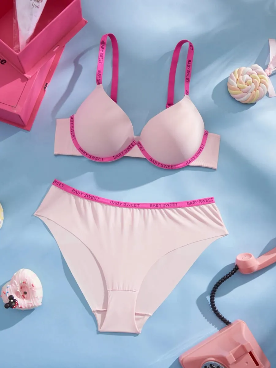 Conjunto de roupa interior feminina sem costura sólida carta guarnição push up sutiã confortável underwire suporte casual conjunto de lingerie diária