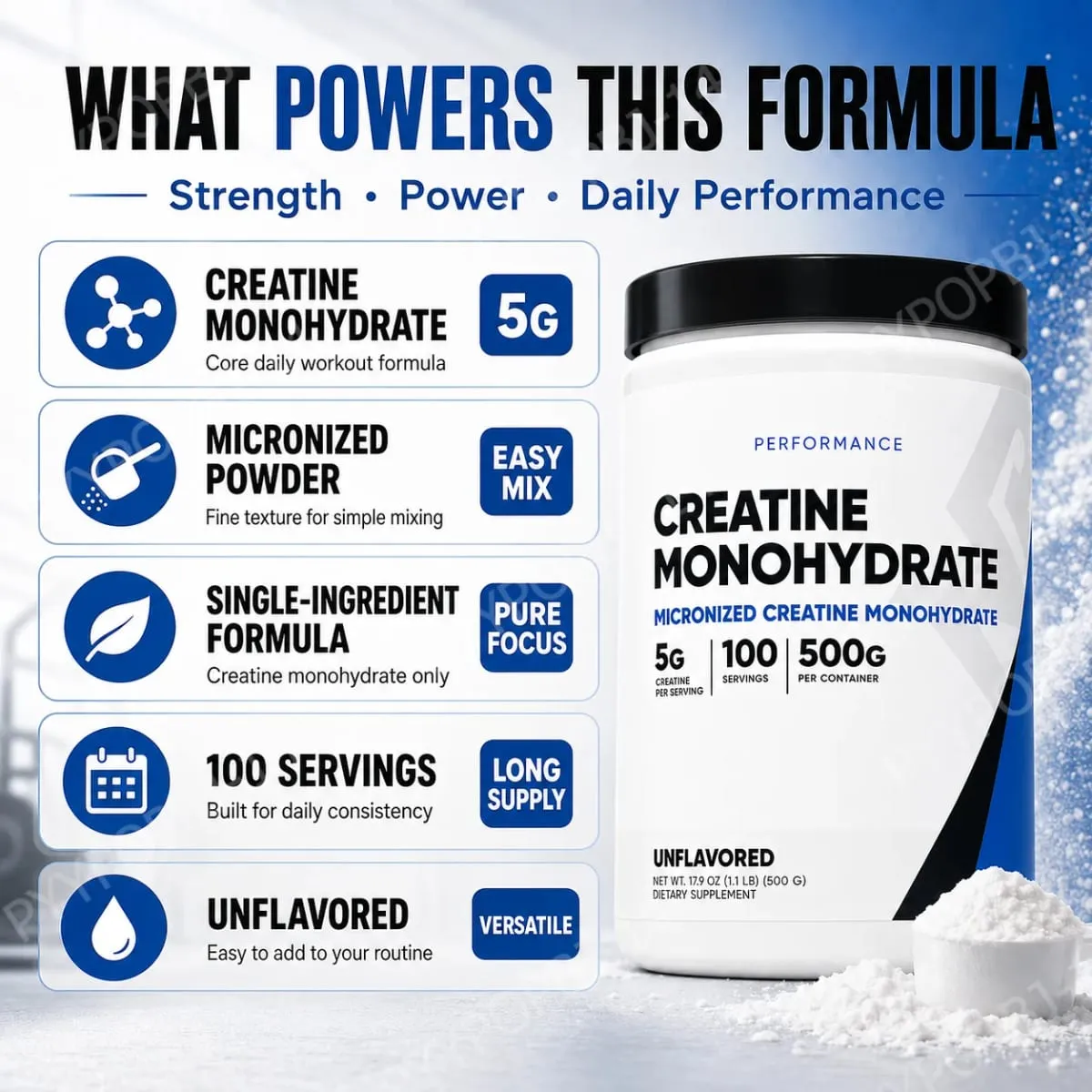Pó micronizado de creatina monohidratada sem sabor 5g por porção 100 porções, força muscular, suporte de energia 500g