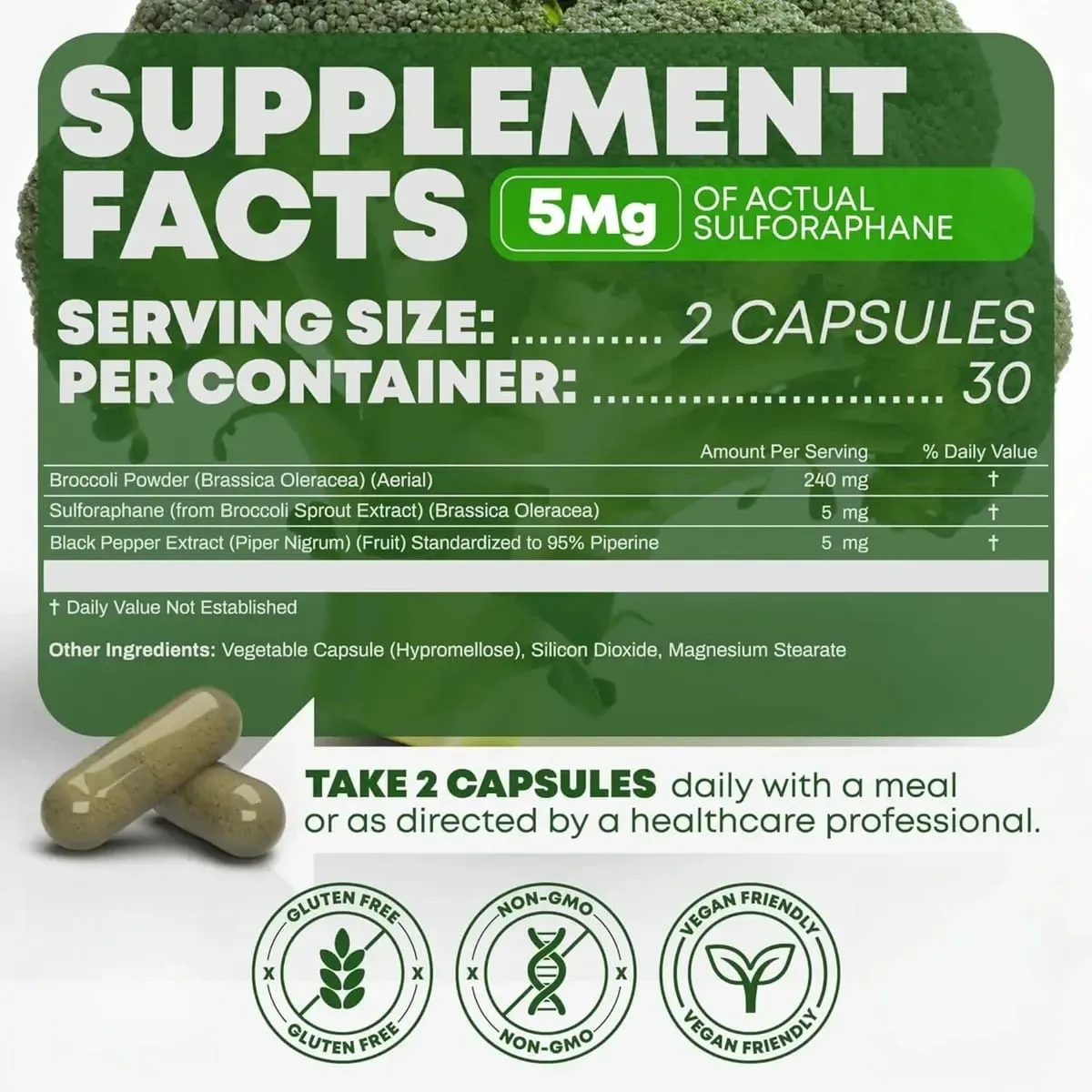 5 000mcg Sulforafano de extrato de semente de brócolis cápsulas veganas com suporte imunológico mirosinase 2 cápsulas servindo 60 contagens