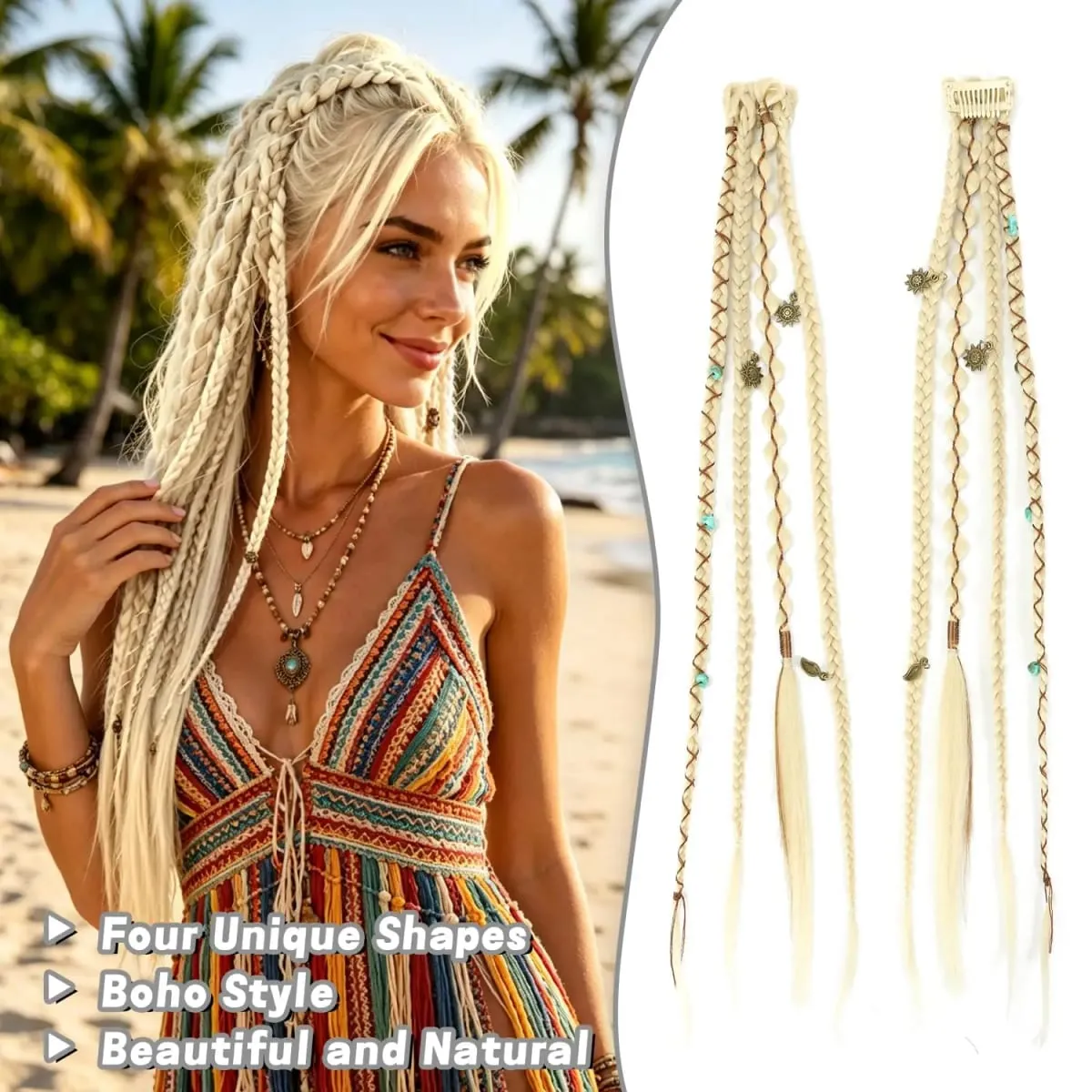Clipe em extensões de cabelo trançado para mulheres 20 "Boho Dreadlock Clipe em tranças com miçangas e amuletos 2 peças de cabelo sintético trançado