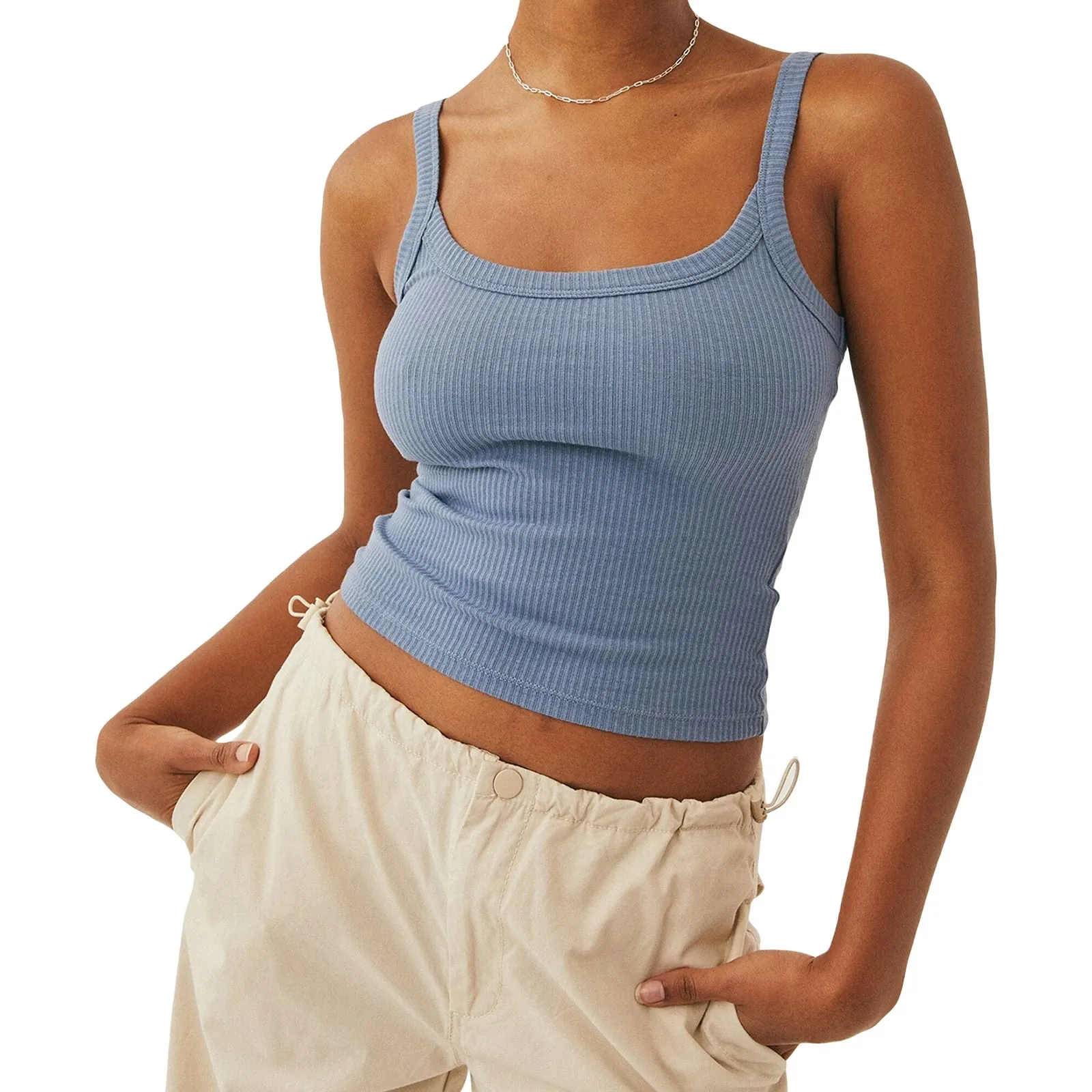 Women´s Solid Color Tank Tops Basic Vest Ribbed Sleeveless U Neck Slim Fit Cropped Tops — image 8