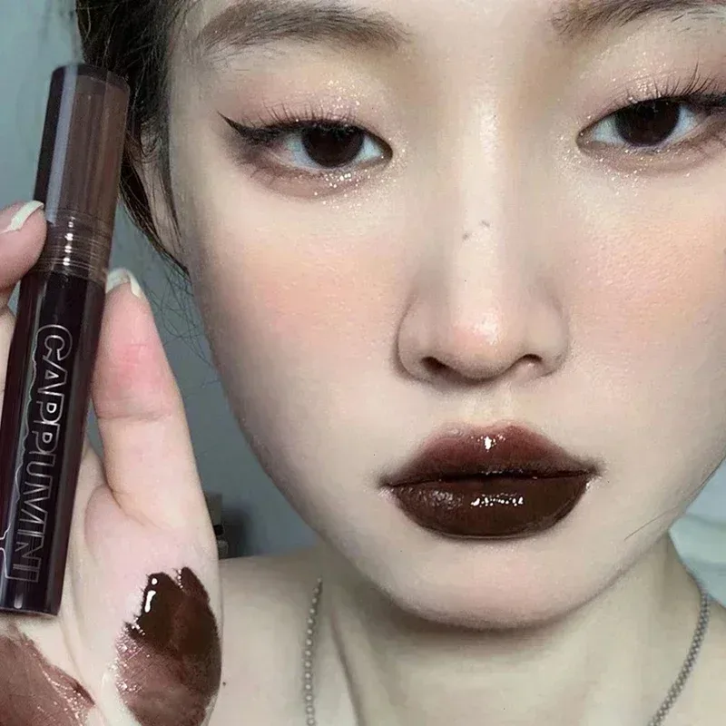Espelho aguado chocolate brilho labial longa duração hidratante cristal geléia lábio matiz batom natureza nude lábios maquiagem cosméticos