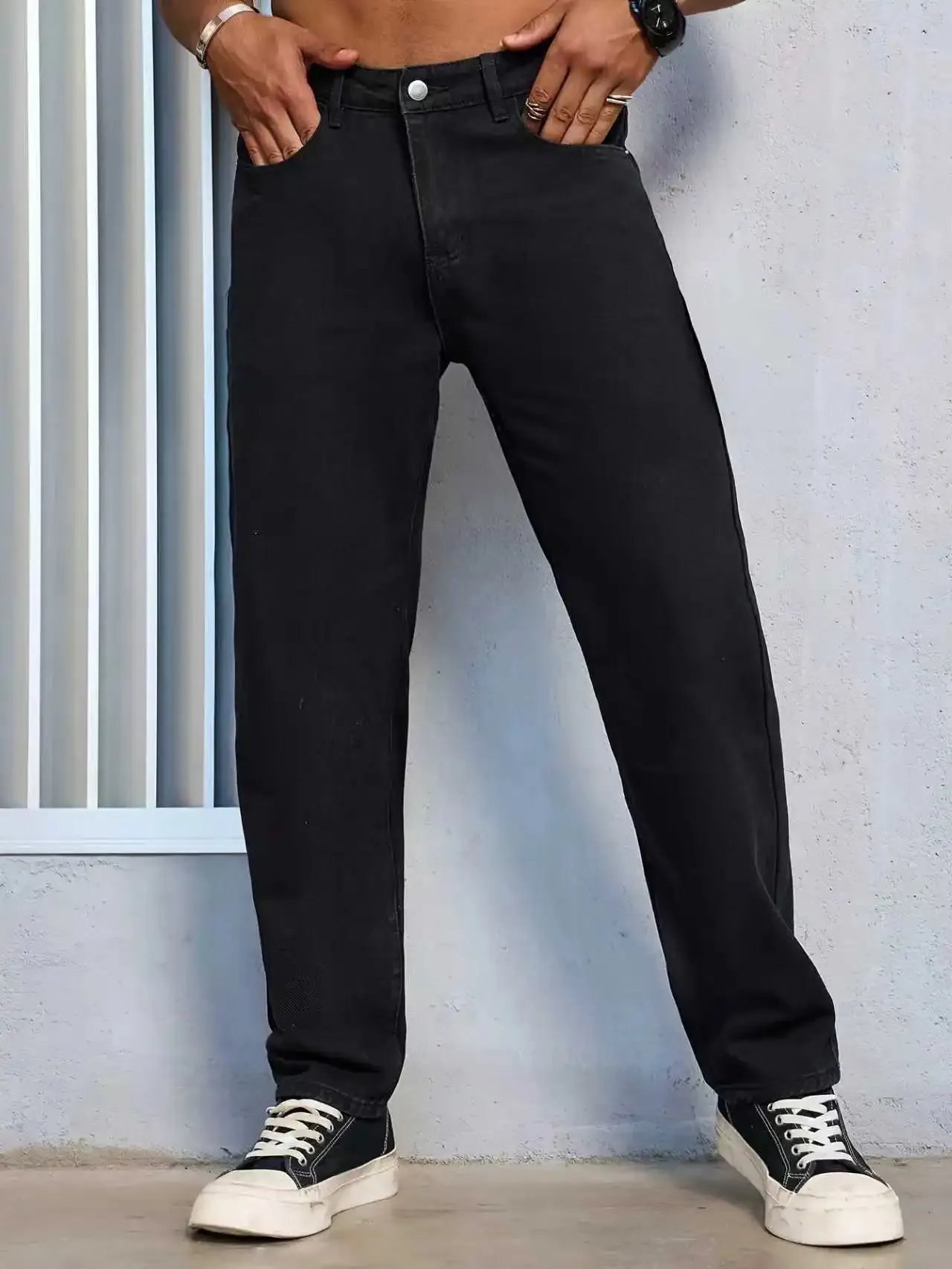 Jeans masculino casual liso preto regular fit