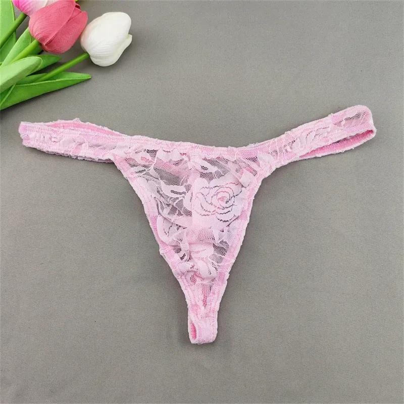 Lace Floral Sexy Men's Underwear Solid Hollow Perspective Thong Comfort Bugle Enhance Sissy G-String Gay Low Rise T-back Panties
