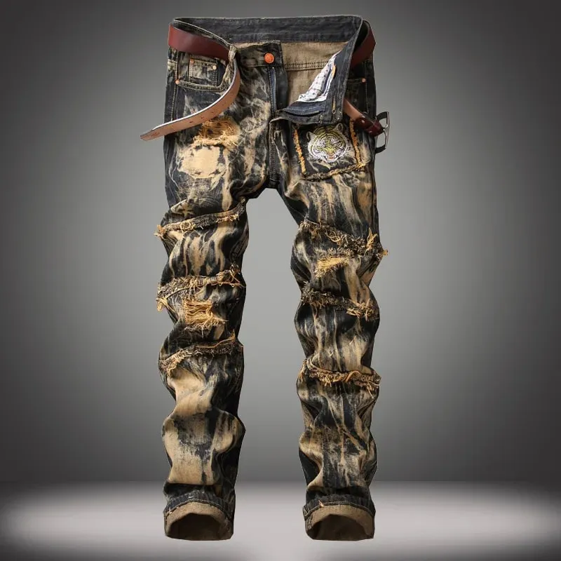 Jeans americanos vintage de perna reta para homens, com detalhes rasgados desgastados, patchwork e corte cônico estilo urbano. — image 2