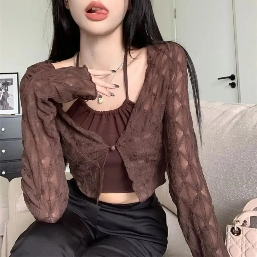 Diy fino cardigans à prova de sol novo fino cor sólida camisolas casual manga longa curto topo verão — image 8