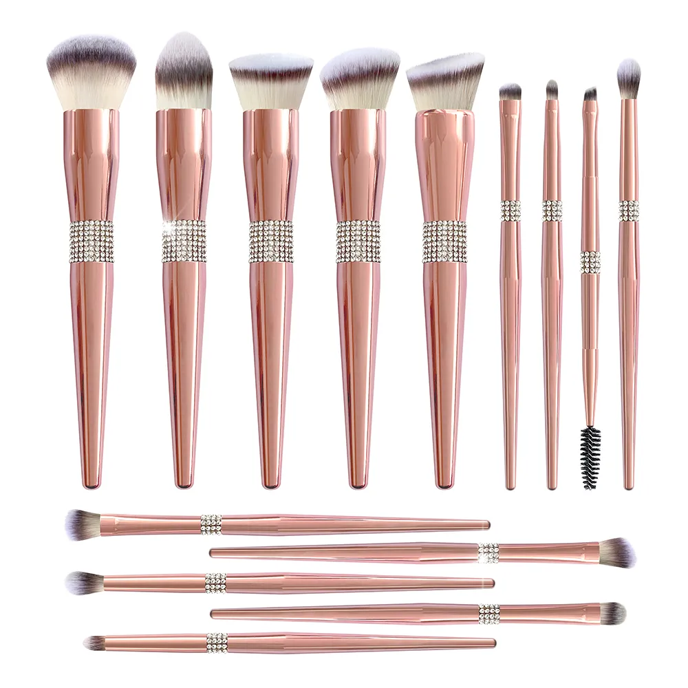Novo 14 pçs luxo rosa ouro bling strass pincéis de maquiagem conjunto brilho diamante vegan conjunto de escova de maquiagem com strass — image 1