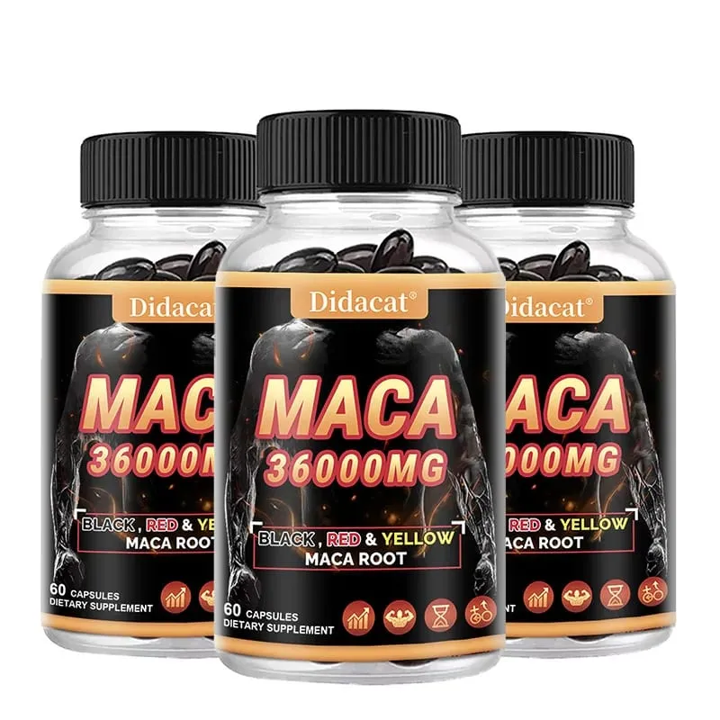 Cápsulas orgânicas em pó de raiz de maca com suplemento de extrato de raiz de maca preto + vermelho + amarelo para homens e mulheres - 120 cápsulas