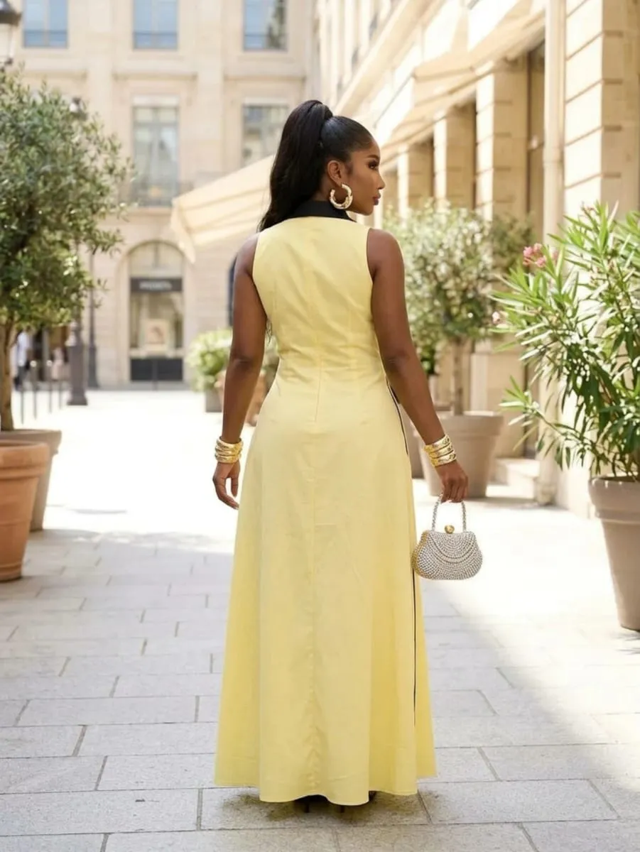 Women Sleeveless Contrast Lapel Button‑Front Split Maxi Dress With Pockets Daily Commute Street Casual Long Dress