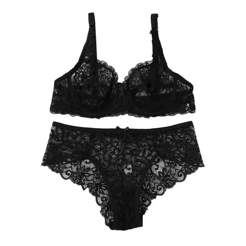 Feminino sexy renda fina sutiãs terno não-pad requintado push-up sutiã sólido respirável underwire g-string calcinha conjunto