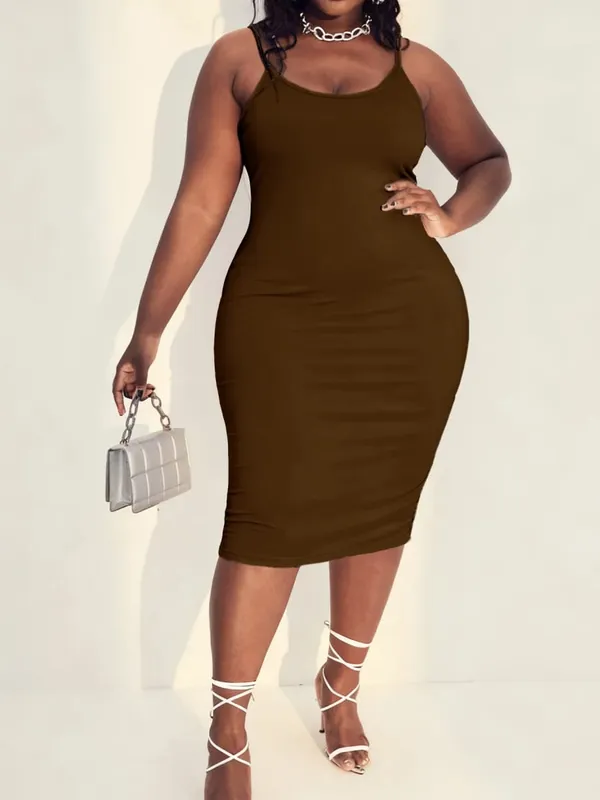 Liso sólido decote redondo silhueta de comprimento médio ampla gama de cores plus size malha alça espaguete vestido maxi amigo da pele conforto moderno moda casual para todas as estações vestido diário sem mangas para mulheres curvilíneas