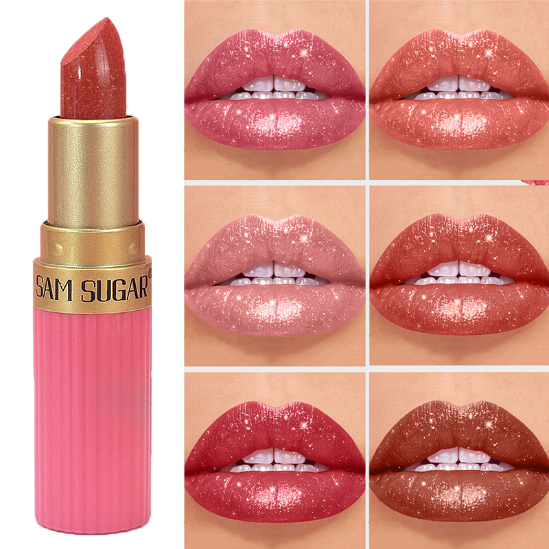 Diamond Pink Lipstick Chocolate Brown Metallic Glitter Lipstick Long-Lasting Waterproof Shimmer Pearl Sparkling Lip Gloss Makeup