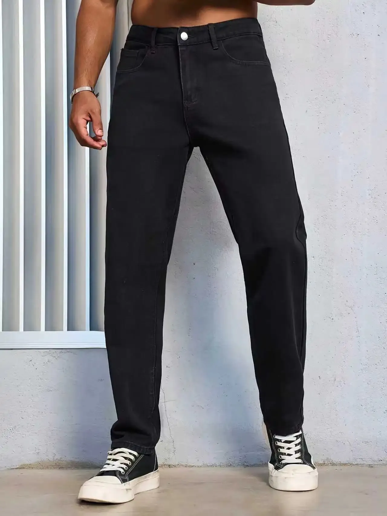 Jeans masculino casual liso preto regular fit