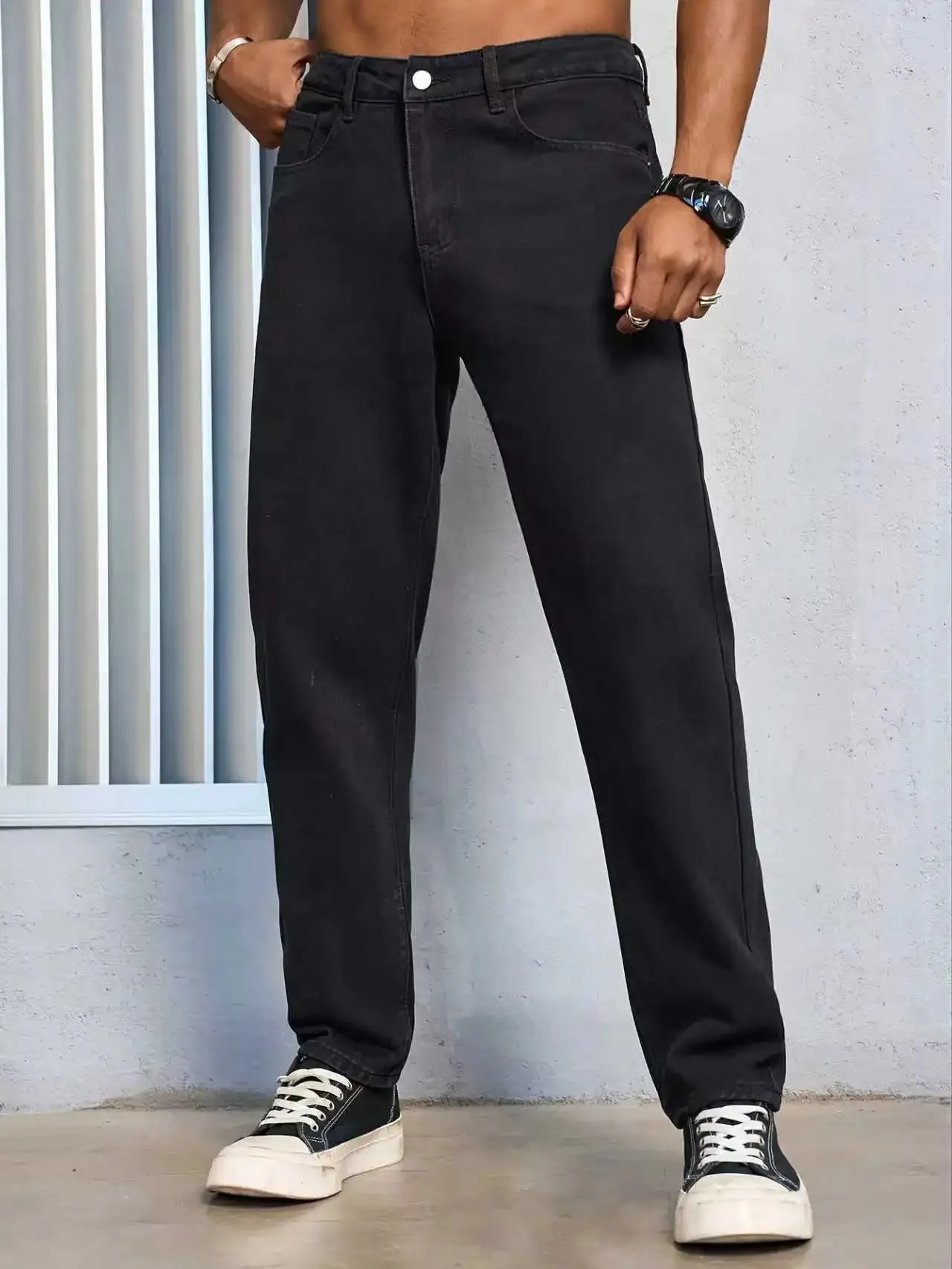 Jeans masculino casual liso preto regular fit